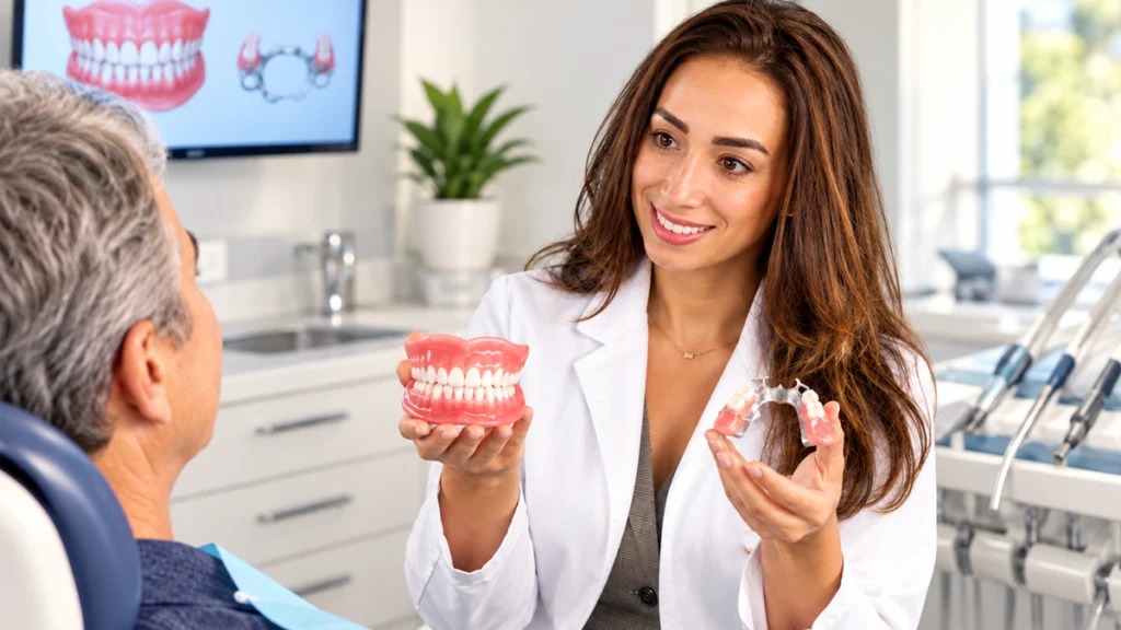 Denturologiste présentant une prothèse dentaire complète et une prothèse partielle à un patient lors d'une consultation.