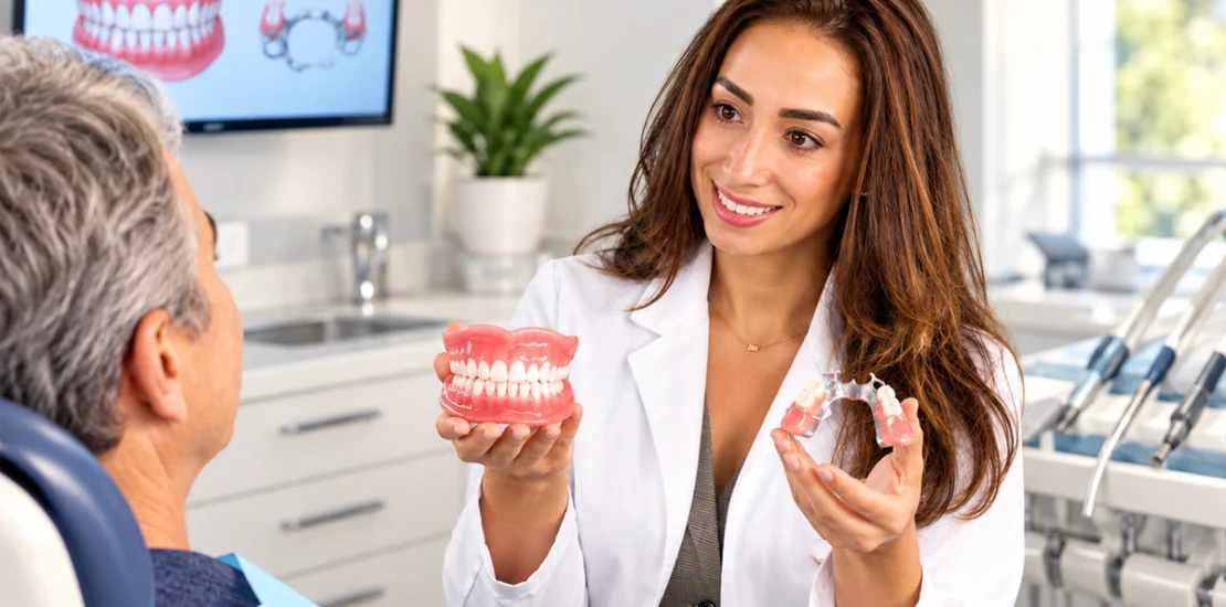 Denturologiste présentant une prothèse dentaire complète et une prothèse partielle à un patient lors d'une consultation.